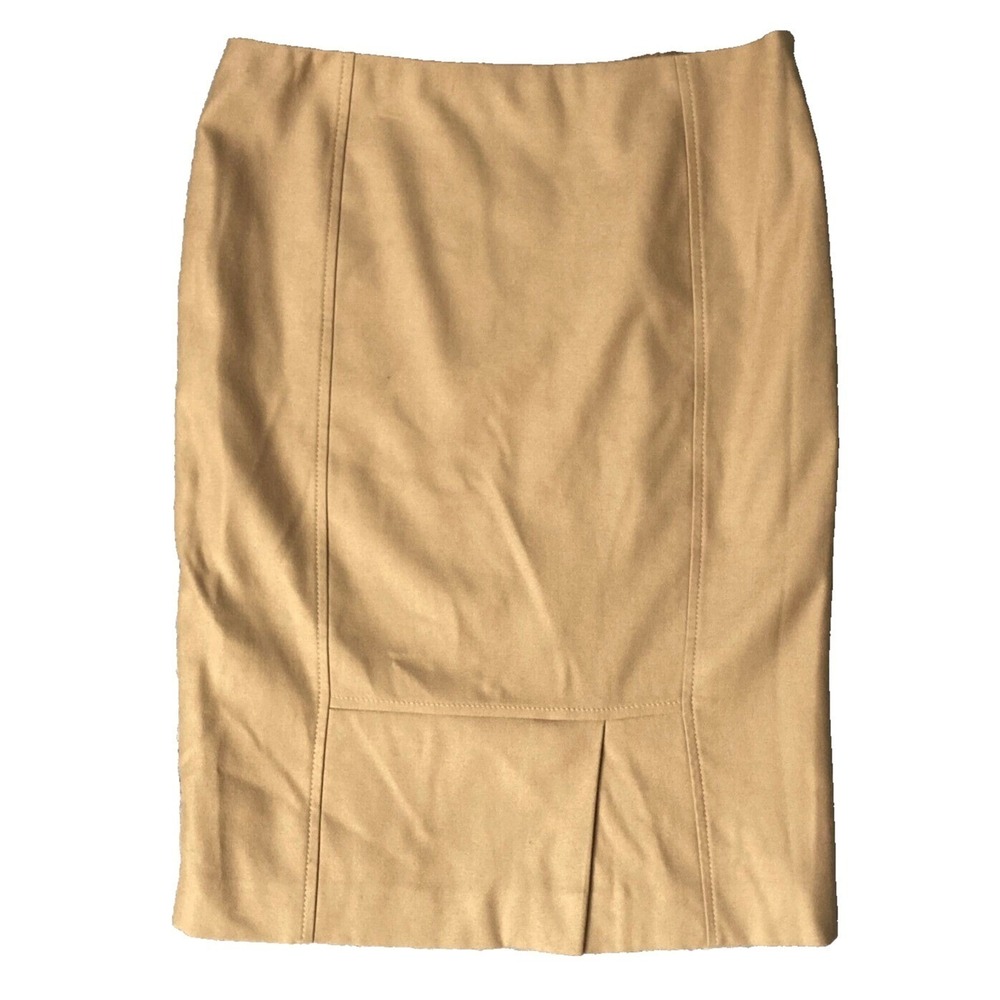 Escada Virgin Wool CBK Luxury Pencil Kick Pleat Minimalist Tan Skirt Womens 32 L